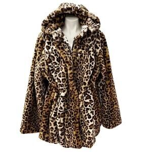 Dennis Basso Timeless classic leopard print faux fur hooded coat lined plus 1x
